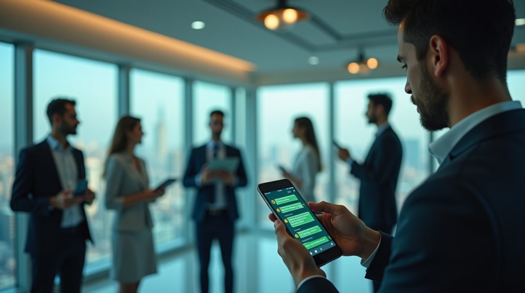 Concept of WhatsApp marketing for Dubai businesses, chat messages on smartphones, notifications, engagement icons, modern office, professional team interacting, realistic, high-resolution, digital marketing theme.