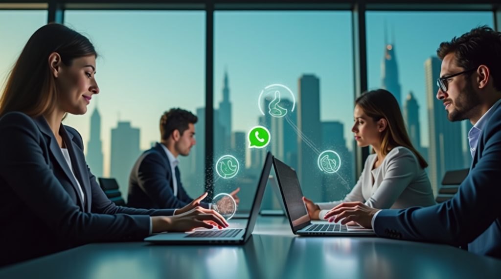 Digital marketing in Dubai focused on WhatsApp marketing, professionals using smartphones and laptops, WhatsApp interface visible on screens, Dubai skyline in background, modern office, realistic, bright, professional, high-resolution