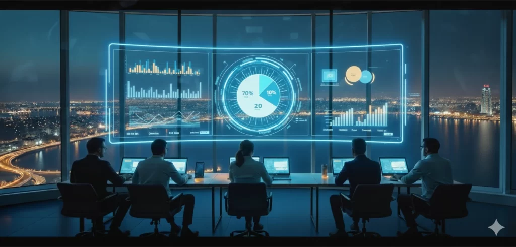 Futuristic Dubai marketing control room visualizing the 70/20/10 marketing budget strategy through holographic data.