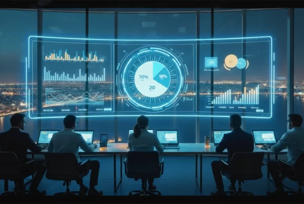 Futuristic Dubai marketing control room visualizing the 70/20/10 marketing budget strategy through holographic data.