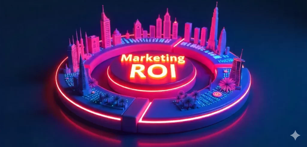 A circular infographic-like artwork made of three glowing segments (70%, 20%, 10%) orbiting around a glowing core that says “Marketing ROI,” with Dubai landmarks subtly integrated into the design, 3D neon aesthetic.