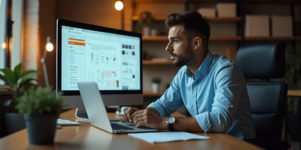 Dubai entrepreneur planning website goals, reviewing wireframes and notes at a desk with laptop.