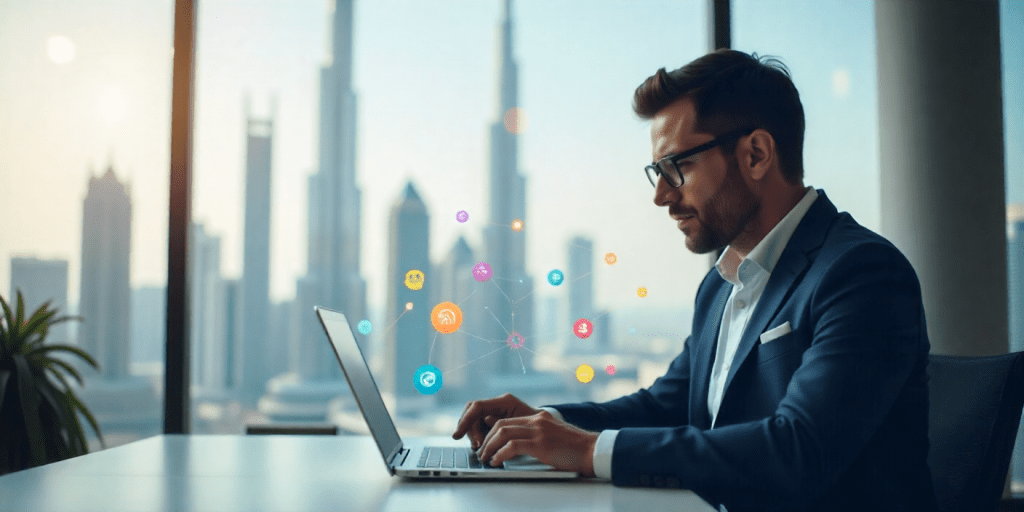 A modern business owner in Dubai reviewing a website on a laptop, with the Burj Khalifa skyline in the background, bright daylight, professional office setting, digital marketing icons floating around, sleek and minimal aesthetic, vibrant colors symbolizing growth and technology.