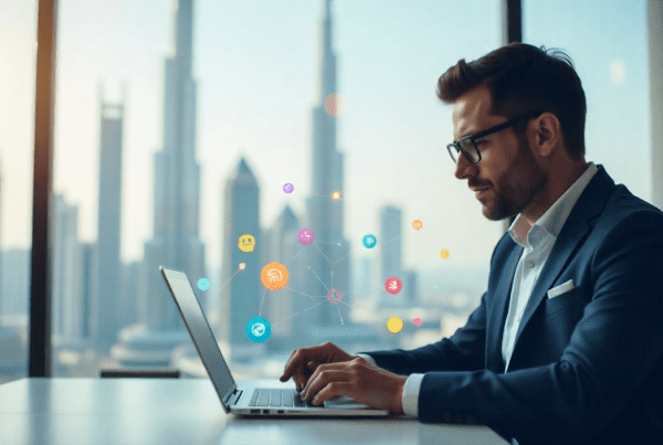A modern business owner in Dubai reviewing a website on a laptop, with the Burj Khalifa skyline in the background, bright daylight, professional office setting, digital marketing icons floating around, sleek and minimal aesthetic, vibrant colors symbolizing growth and technology.