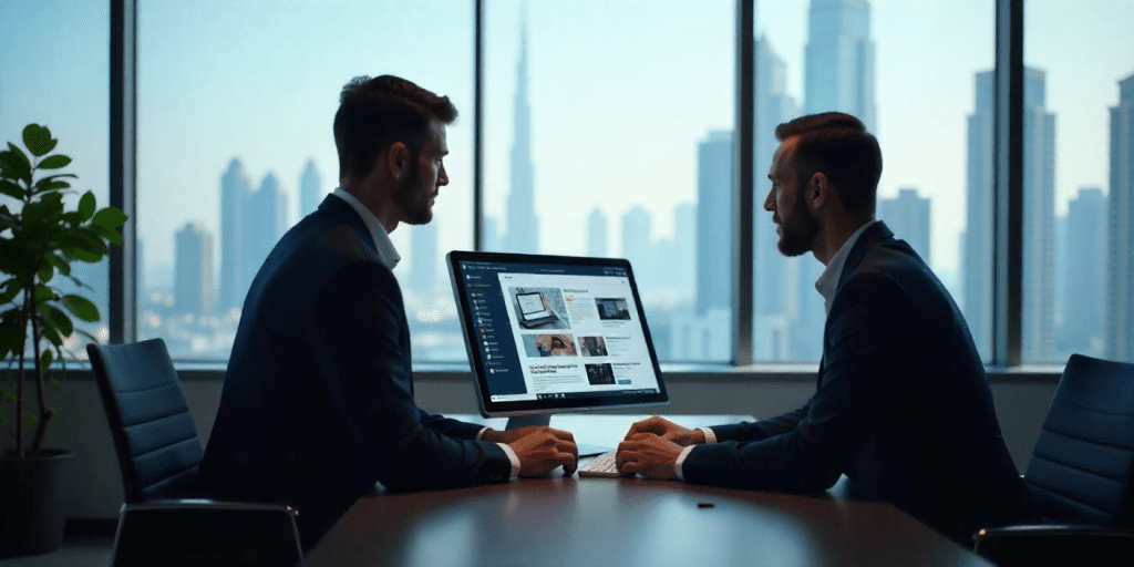 Dubai business owner consulting a web designer in a modern office with website mockups on screens and Burj Khalifa visible outside.