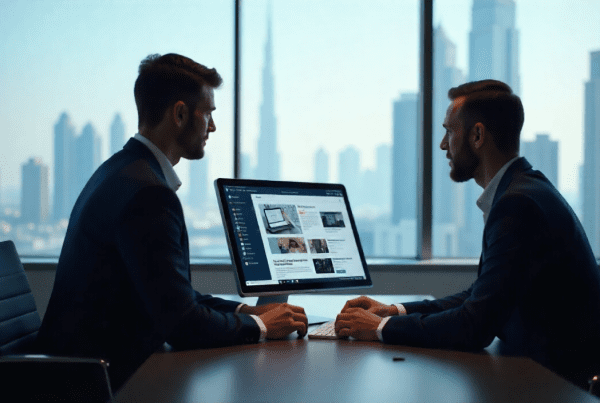 Dubai business owner consulting a web designer in a modern office with website mockups on screens and Burj Khalifa visible outside.