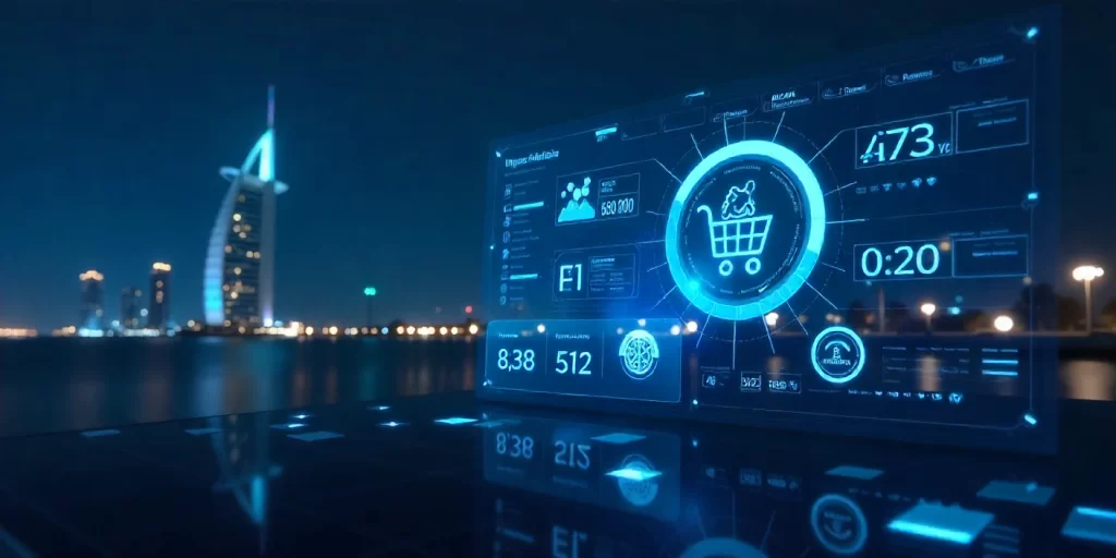 Futuristic headless e-commerce dashboard with Dubai skyline background.