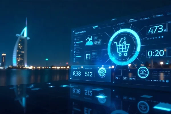 Futuristic headless e-commerce dashboard with Dubai skyline background.
