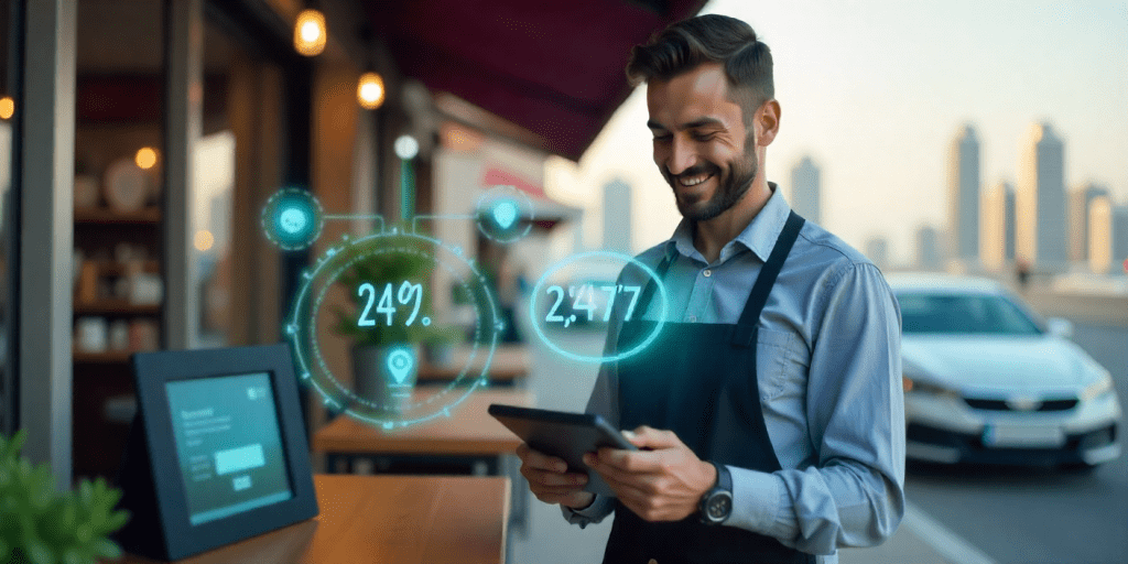 A small Dubai café owner smiling while checking online orders on a tablet; digital storefront graphics overlay showing 24/7 business availability; cityscape or Dubai Marina backdrop; theme of digital transformation and connectivity