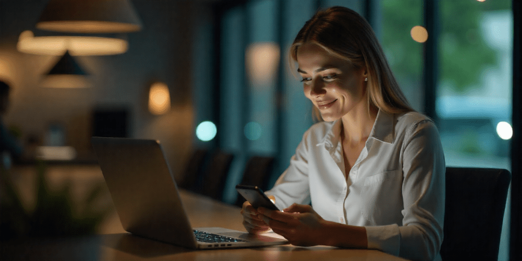 Dubai business sending personalised WhatsApp messages to customers, product recommendations, order updates, happy clients responding on mobile devices, modern office, bright and realistic, professional, high-resolution.”