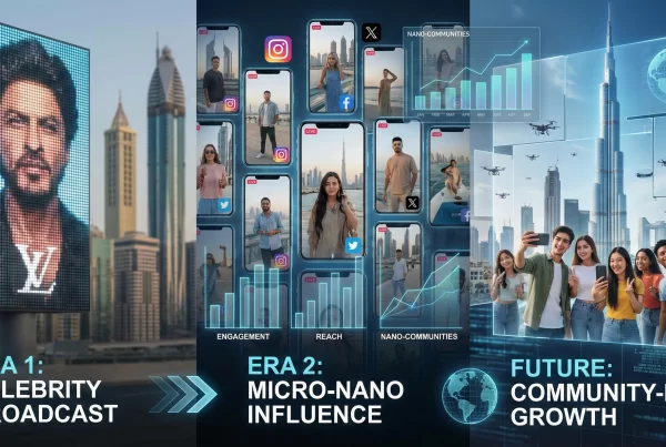 Evolution of influencer marketing in Dubai from macro celebrities to micro and nano influencers with Dubai skyline.