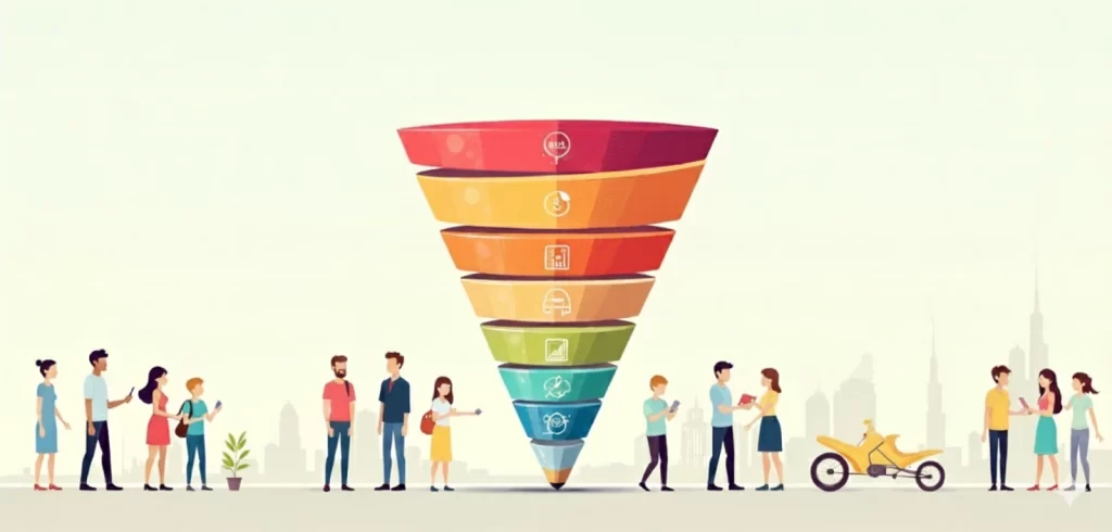 Full funnel marketing diagram showing stages from awareness to advocacy with Dubai skyline in the background.
