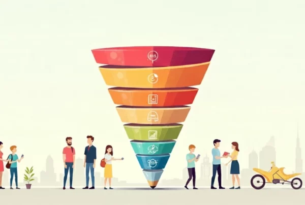 Full funnel marketing diagram showing stages from awareness to advocacy with Dubai skyline in the background.