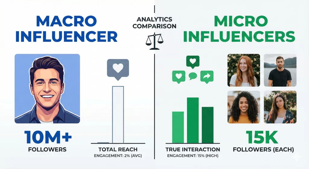 Comparison of macro influencers and micro influencers showing follower count vs engagement in Dubai.