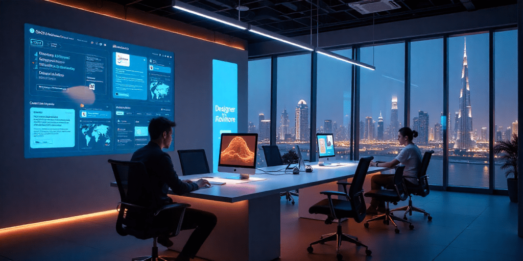 Designers using Google’s Pomelli AI tool to create modern websites in Dubai.