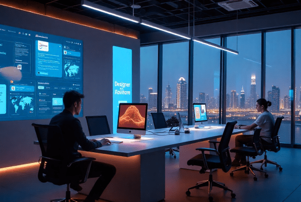 Designers using Google’s Pomelli AI tool to create modern websites in Dubai.