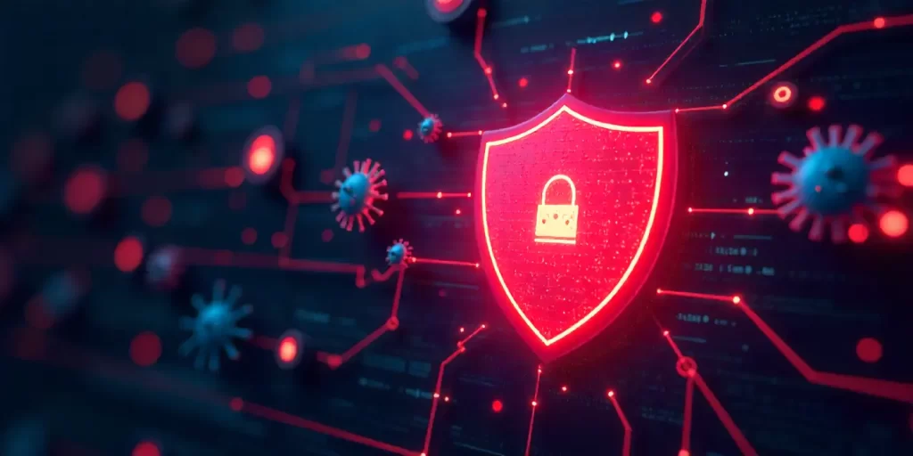 Firewall blocking malware threats in a futuristic cybersecurity illustration.
