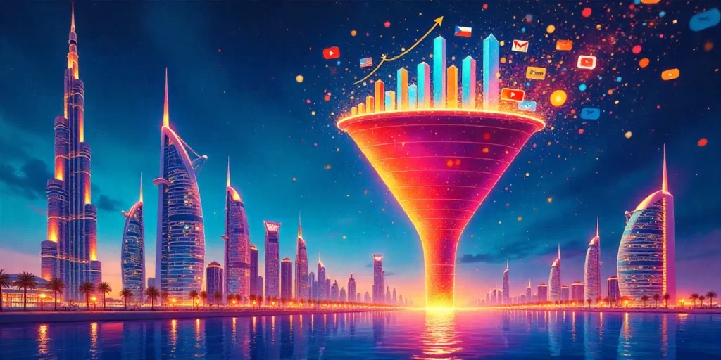 Digital marketing elements like SEO, social media, and content feeding into the top of a marketing funnel for Dubai businesses.