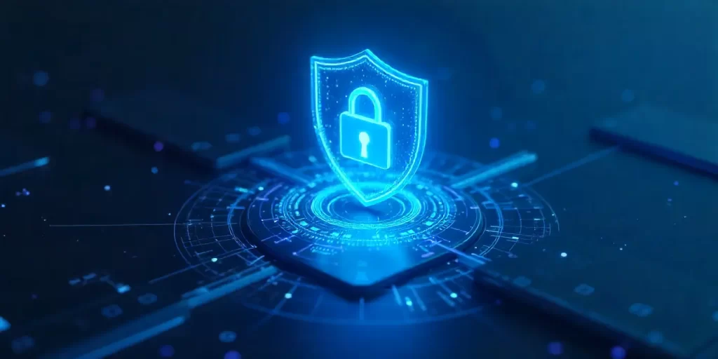 Digital shield protecting a website interface with UAE-inspired futuristic elements