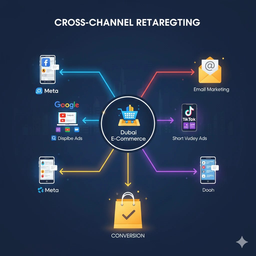 Cross-channel retargeting infographic showing multiple remarketing platforms.