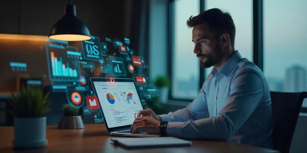 Dubai business owner managing AI-integrated website with smart analytics dashboard.