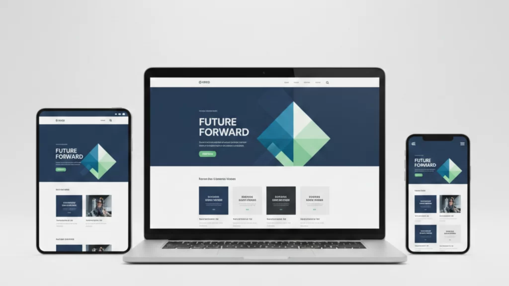 Modern website layout displayed across laptop, tablet, and mobile screens, responsive design showcase, clean UI, professional look