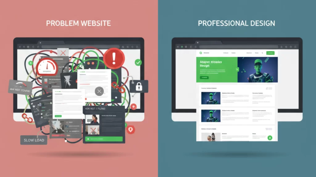 Illustration showing website problems like slow speed, broken layout, warning icons, contrasted with a professional clean website design