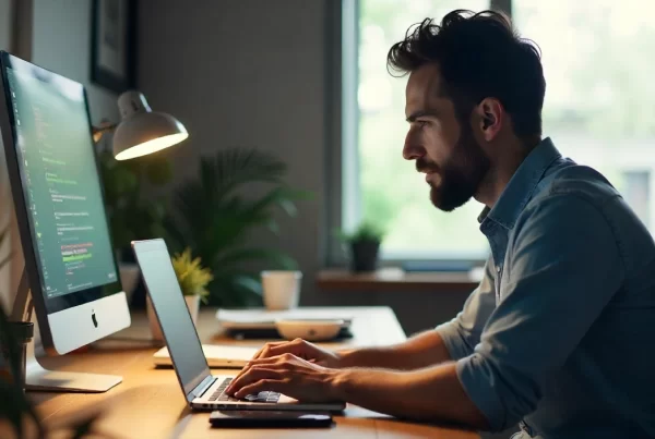 Professional workspace with a developer working on a website on a laptop, clean desk setup, modern office environment, soft lighting, no visible text