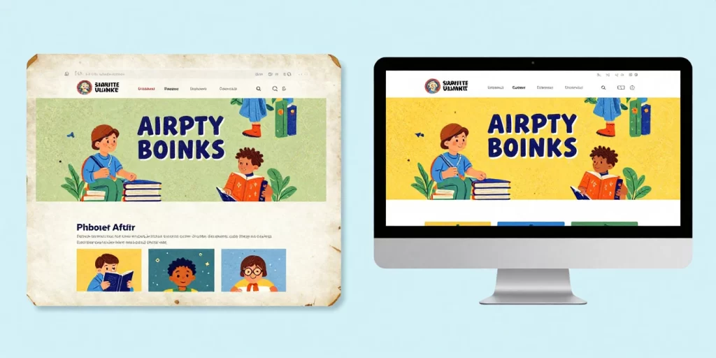 Before-and-after comparison showing an old outdated website transforming into a modern professional website, clean flat illustration style