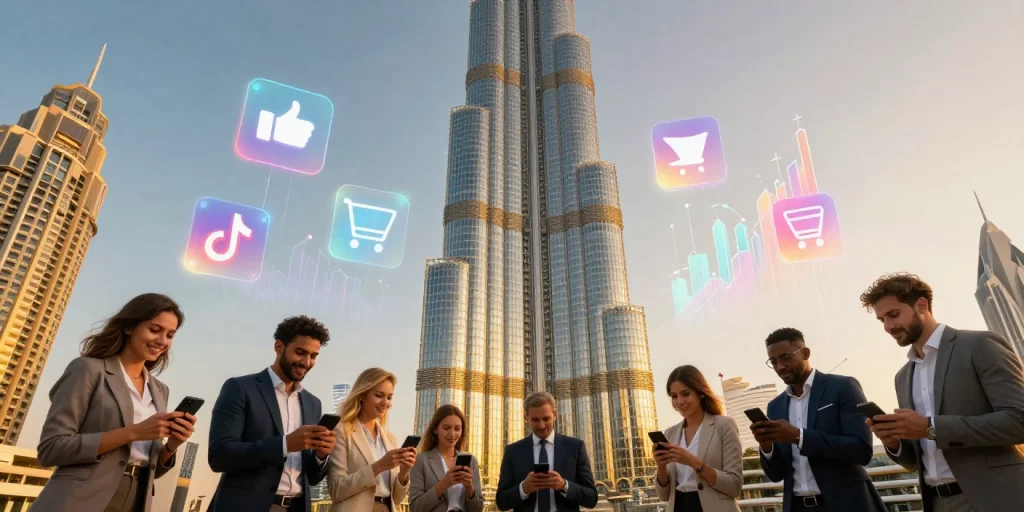 Dubai business owners engaging with 2026 social media trends against Burj Khalifa skyline