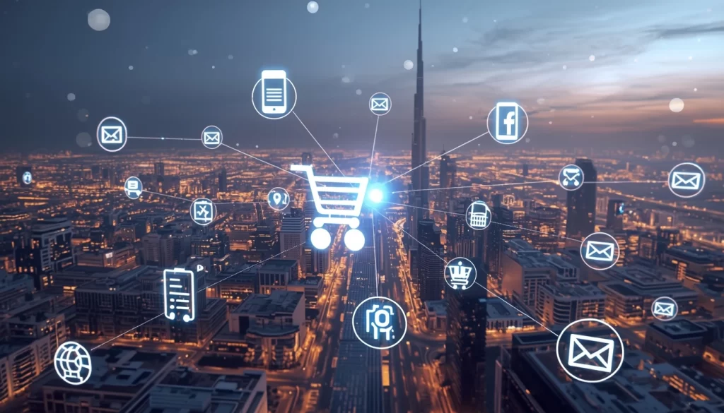 Futuristic Dubai cityscape illustrating omnichannel marketing with connected digital channels for seamless customer experience