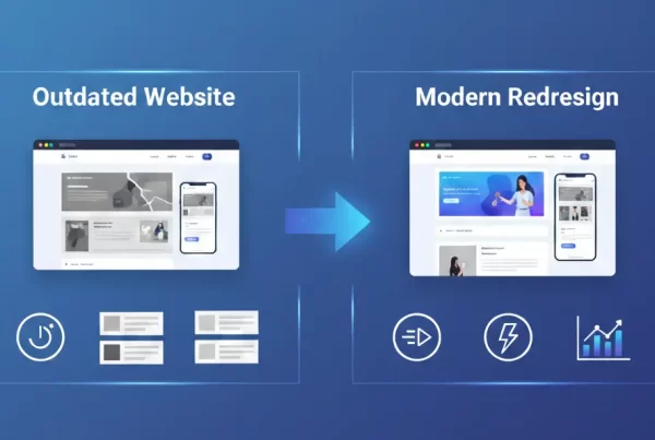 Website redesign comparison showing outdated design transformed into a modern responsive website with better speed and usability