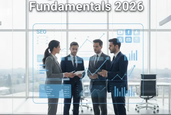 Digital Marketing Fundamentals 2026 team analyzing SEO strategies and analytics in modern office.