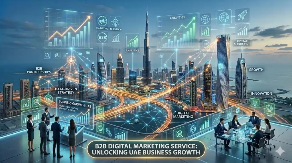Illustration of B2B digital marketing services including SEO, paid ads, social media, and lead generation