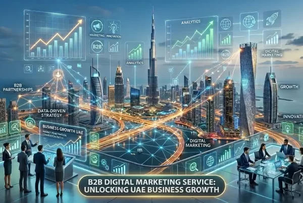 Illustration of B2B digital marketing services including SEO, paid ads, social media, and lead generation