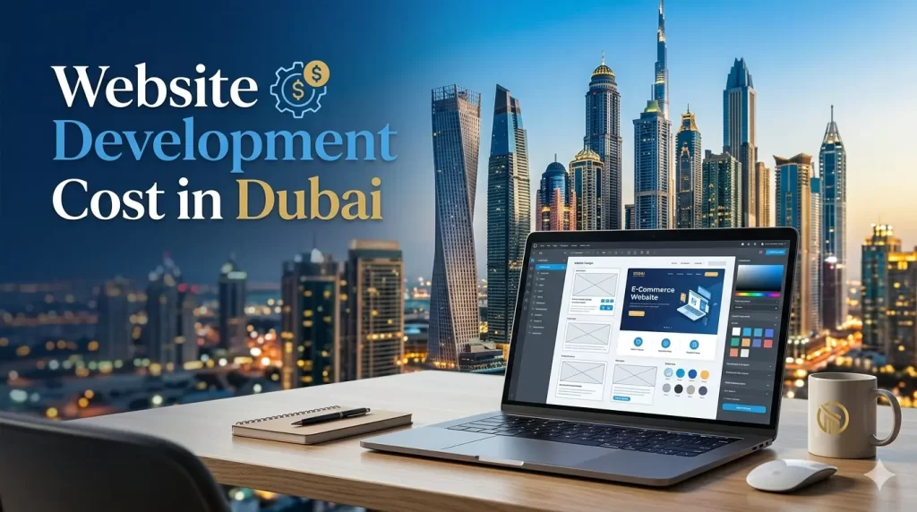 Modern Dubai skyline with a laptop displaying a website design, featuring the heading ‘Website Development Cost in Dubai’ in a sleek, professional style.
