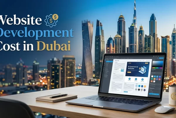 Modern Dubai skyline with a laptop displaying a website design, featuring the heading ‘Website Development Cost in Dubai’ in a sleek, professional style.